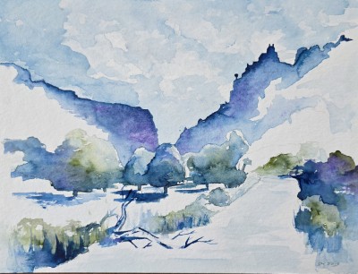 Aquarellbild mit  einer grünen Tal Landschaft